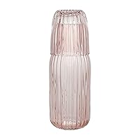 elle decor Ribbed Bedside Water Carafe with Tumbler Set | Ribbed Glass Pitcher and Matching Drinking Glass Doubles as Lid | 39-Ounce Jug for Guest Room, Office, or Gift | 4” x 9.5” (Pink)