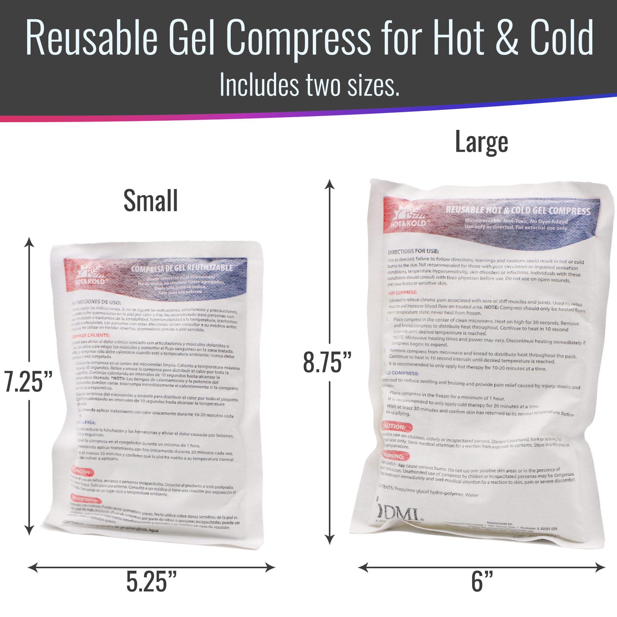 DMI Hot & Cold Reusable Gel Compress, Microwavable, Relieves Swelling and Pain, Increases Blood Flow, Warms Cold Hands & Feet, Ideal for Emergency First Aid, Pack of 2, One Small and One Large Pack