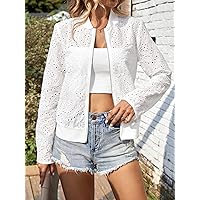 Jackets for Women Jackets - Eyelet Embroidery Zip Up Bomber Jacket (Color : White, Size : Small)
