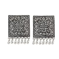 Saissa Silver Tone Oxidised Metal Lightweight Indian Boho Stud Earrings Jewelry for Women