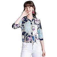 LAI MENG FIVE CATS Women's Blue Casual Floral&Bird Print Shirts Collared Neck Button up Blouse