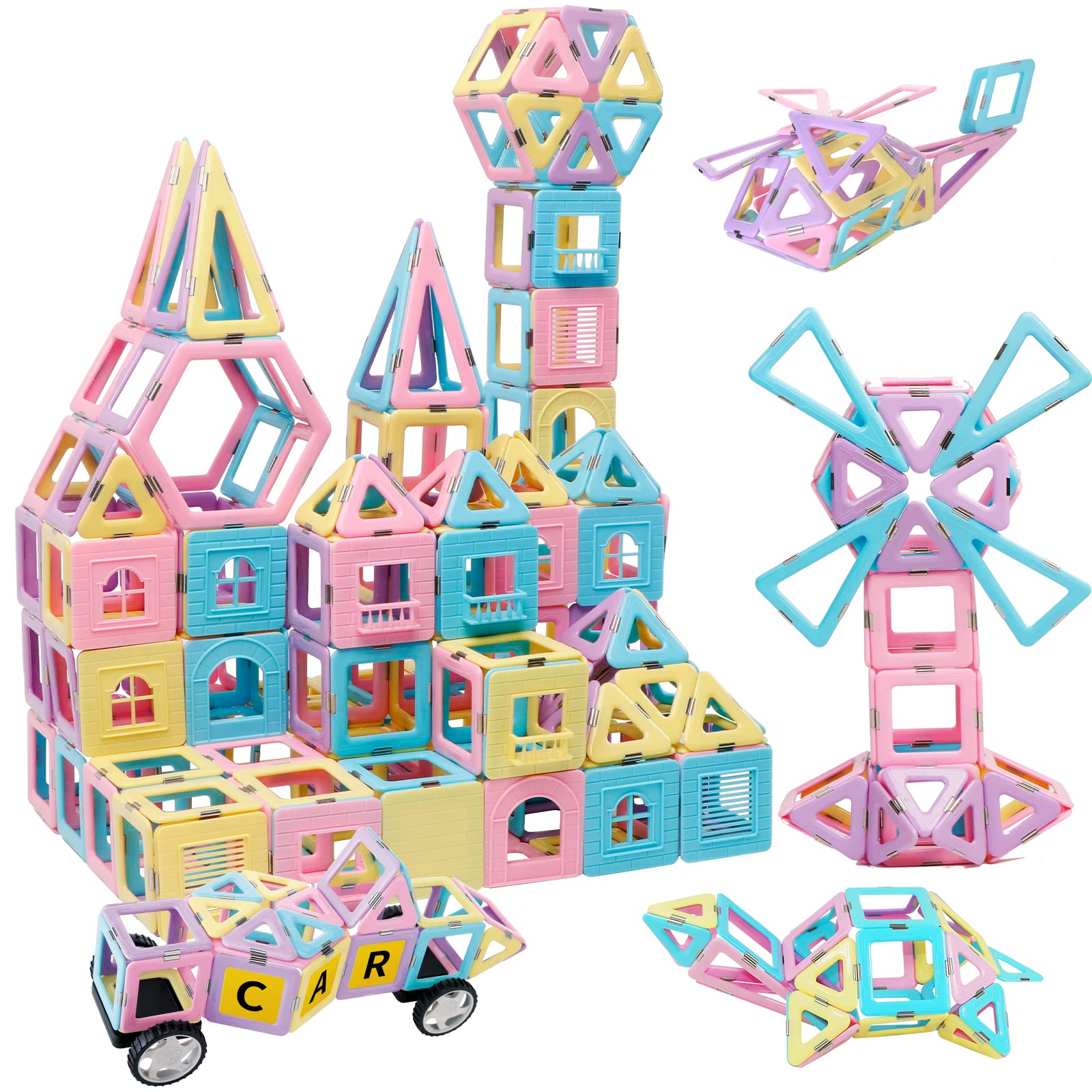 Magnetic Tiles Building Blocks Toys for Kids, 136 Pieces 3D Creative Castle Construction Magnetic Stacking Set Preschool Intelligence STEM Toys for Girls Boys Age 3years and Up (Macaron Color)