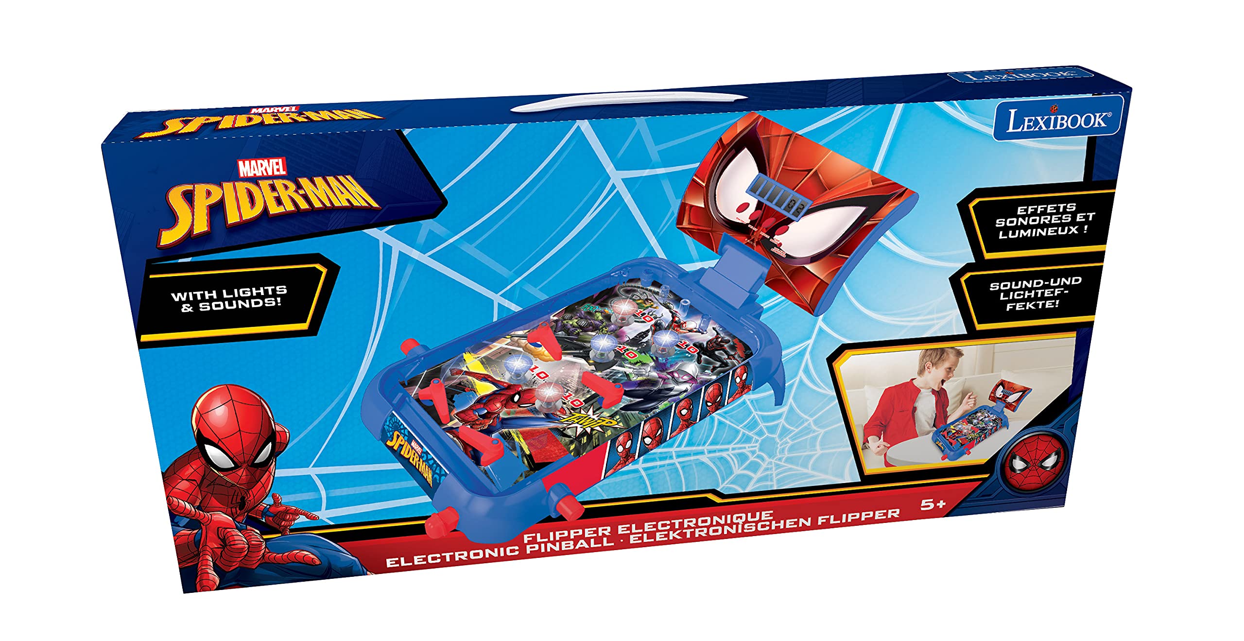 Lexibook Marvel Spider-Man, Table Electronic Pinball, Action and Reflex Game for Children and familiy, LCD Screen, Light and Sound Effects, Blue/red, JG610SP