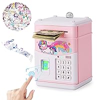 Unicorn Piggy Bank Girls, Fingerprint Password Code Lock ATM Machine with 50 PCS Stickers, Electronic Cash Coin Money Bank Saving Box Toys, Birthday Gifts for 3 4 5 6 7 8 9 10 Years Old Kids