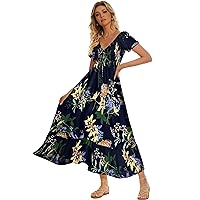 Women's Summer Floral Maxi Dress Casual Short Sleeve Flowy Boho Beach Party Long Dress