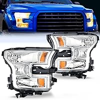 Nilight Headlight Assembly Compatible with 2015 2016 2017 Ford F-150 Headlamps Replacement Chrome Housing Amber Reflector Upgraded Clear Lens Driver and Passenger Side, 2 Years Warranty