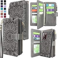 Harryshell Detachable Magnetic Zipper Wallet Leather Case Cash Pocket with 12 Card Slots Holder Wrist Strap for Samsung Galaxy Note 20 Ultra 5G 6.9 inch (2020) (Flower Gray)