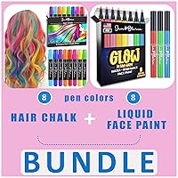 Jim&Gloria 8 Dustless Hair Chalk Gifts For Girls Makeup Temporary Color Dye + 8 Neon Liquid Face Paint Pen UV Glow in the Dark Smudge-Proof Water Resistance Waterproof