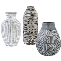 Geometric Pattern Art Pottery Gray Vase Set 3 Tribal Design Contemporary