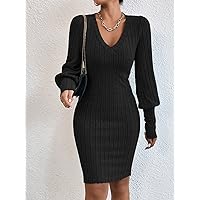 TLULY Dress for Women Ribbed Knit Lantern Sleeve Bodycon Dress (Color : Black, Size : X-Small)