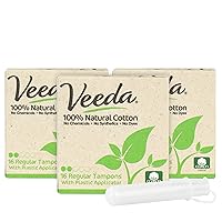 Veeda 100% Natural Cotton Compact BPA-Free Applicator Tampons Chlorine, Toxin and Pesticide Free, Regular, 16 Count (Pack of 3)