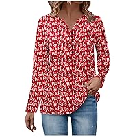 Christmas Tshirts Shirts for Women Festival Long Sleeve V Neck Shirt Casual Button Henley Tees Trendy Clothes