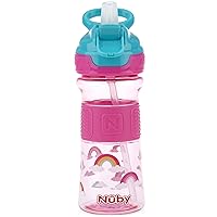 Thirsty Kids Push Button Flip-it Soft Spout on The Go Water Bottle with Easy Grip Band, Pink Rainbows, 12 Ounce