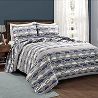 Lush Decor Stone Age Dinosaur Quilt, 3 Piece Set, Full/ Queen, Navy & Gray -Toddler Blue Reversible Kids Bedding Set