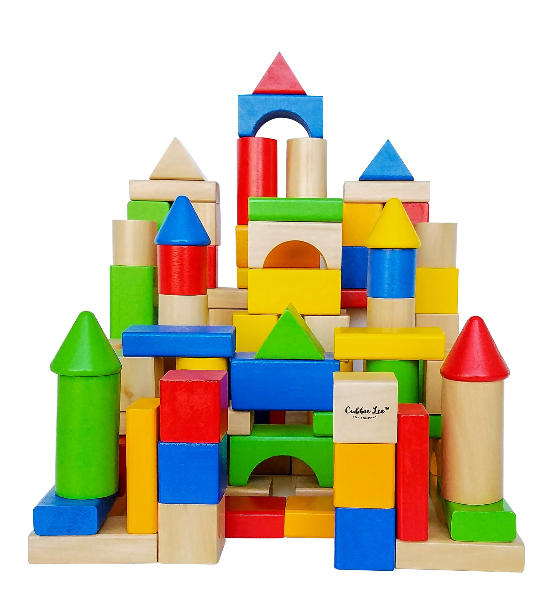 Cubbie Lee Premium Wooden Building Blocks Set - 100 pc for Toddlers Preschool Age - Classic Hardwood Plain & Colored Small Wood Block Pieces for Boys & Girls - Classic Build & Play Toy