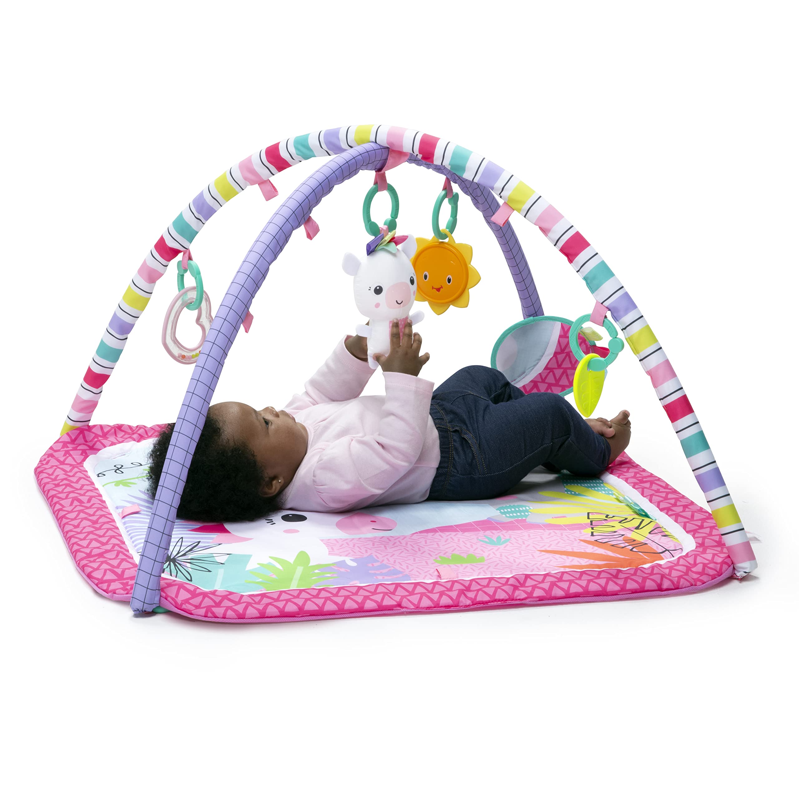 Bright Starts Unicorn Crew Baby Activity Gym & Play Mat with Taggies, Newborn and up - Pink, 30x30x18 Inch