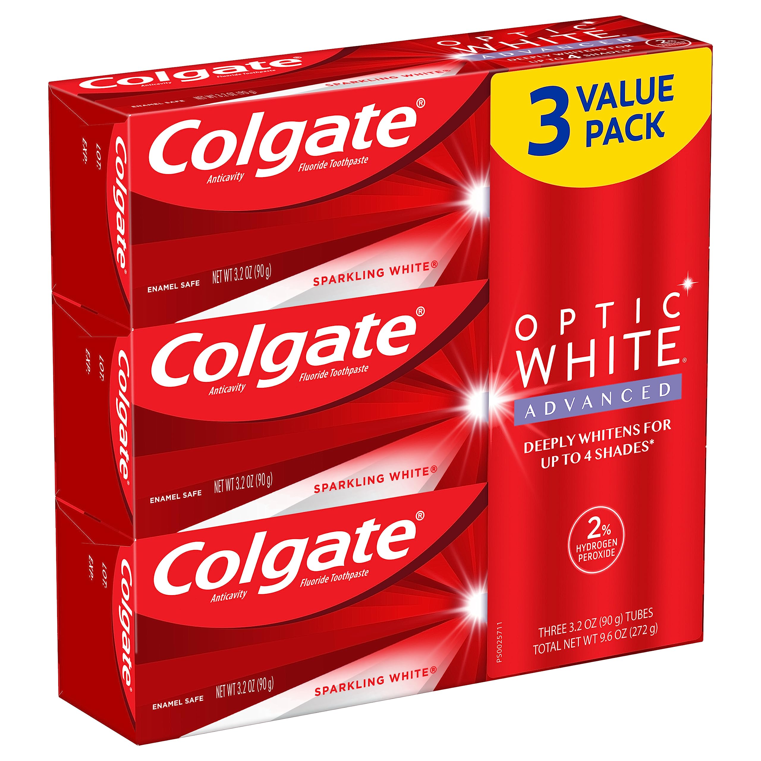 Colgate Optic White Advanced Teeth Whitening Toothpaste, 2% Hydrogen Peroxide Toothpaste, Sparkling White, 3.2 Oz, 3 Pack