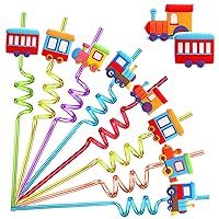 24 PCS Train Drinking Straws Reusable Plastic Beverages Cocktail Straw with Cartoon Decoration for Kids Train Party Supplies for Birthday Party Favors