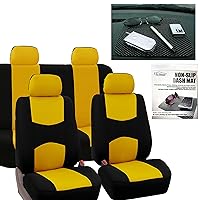 FH Group Car Seat Covers Full Set Flat Cloth Seat Covers Yellow, Rear Solid Bench Car Seat Cover and Universal Fit Combo Non-Slip Dash Grip Pad Car Seat Protector Cars Trucks SUV Interior Accessories