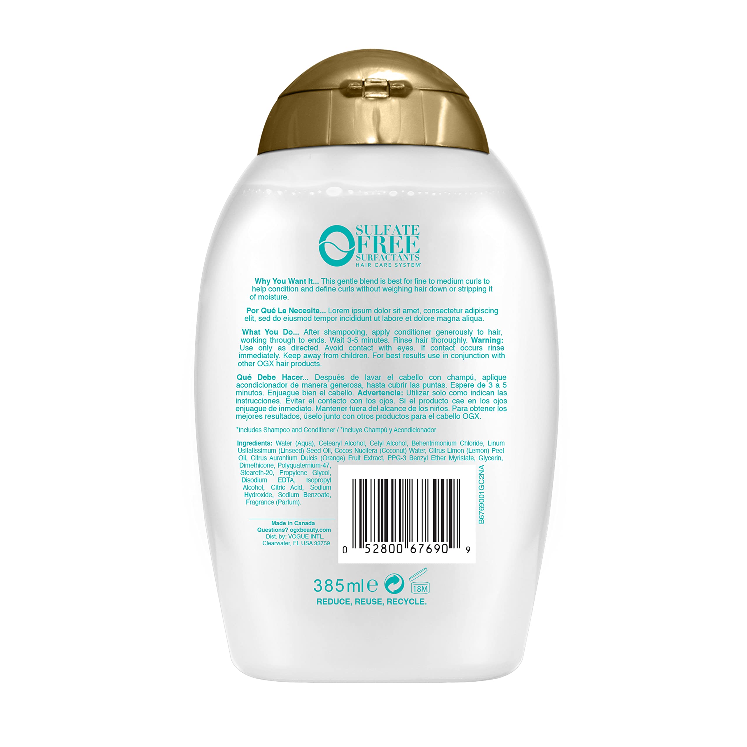 OGX Lightweight + Coconut Fine Curls Conditioner, Lightweight, Coconut Water Conditioner, 13 Fl Oz