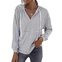Flygo Women's Long Sleeve V Neck Hoodies Oversized Striped Pullover Sweatshirt