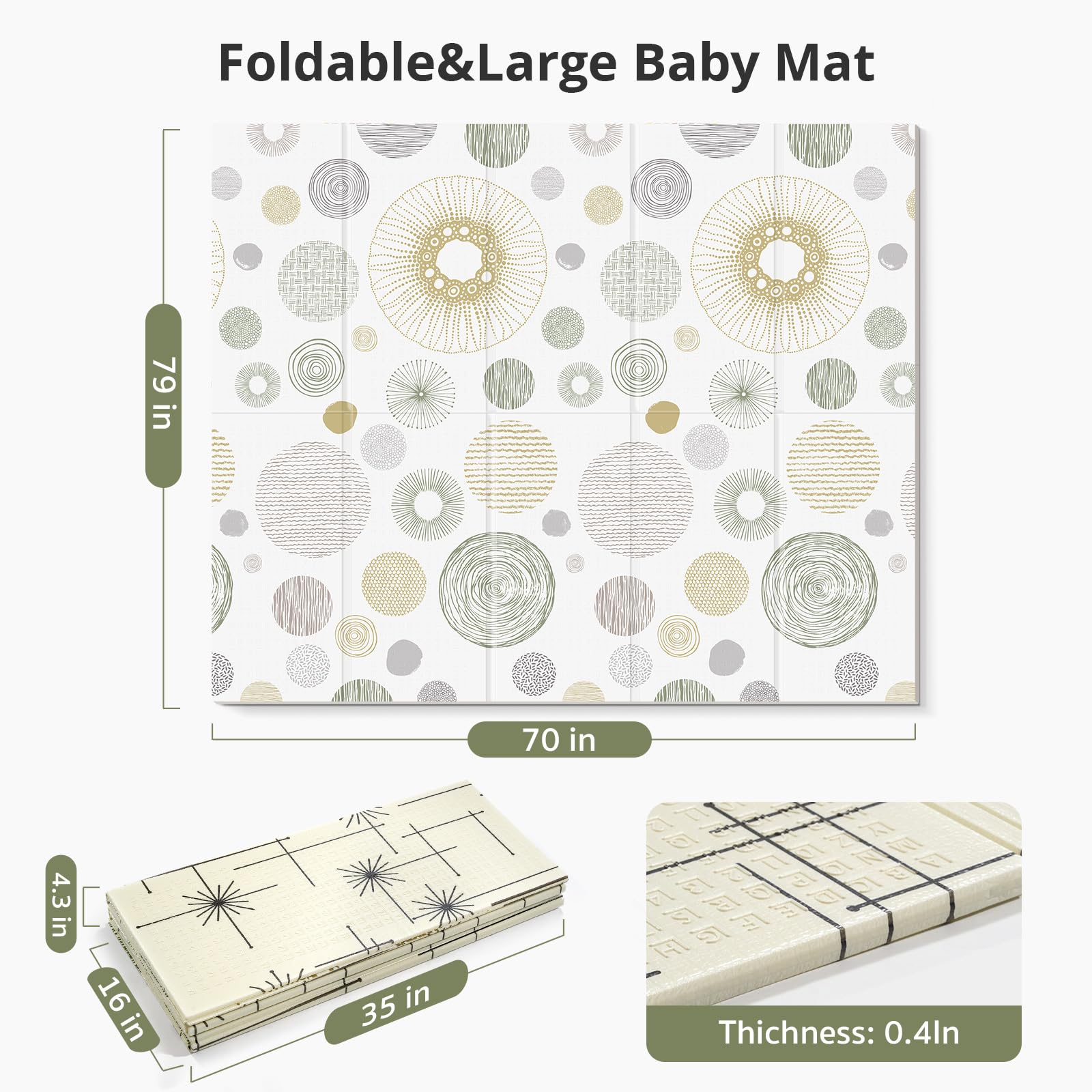 Baby Play Mat 79x71, Extra Large Baby Mat for Floor, Foldable Play XPE Foam Mat, Reversible Crawling Mat for Baby, Waterproof, Safe & Thick Playmats for Babies and Toddlers, Indoor & Outdoor Use