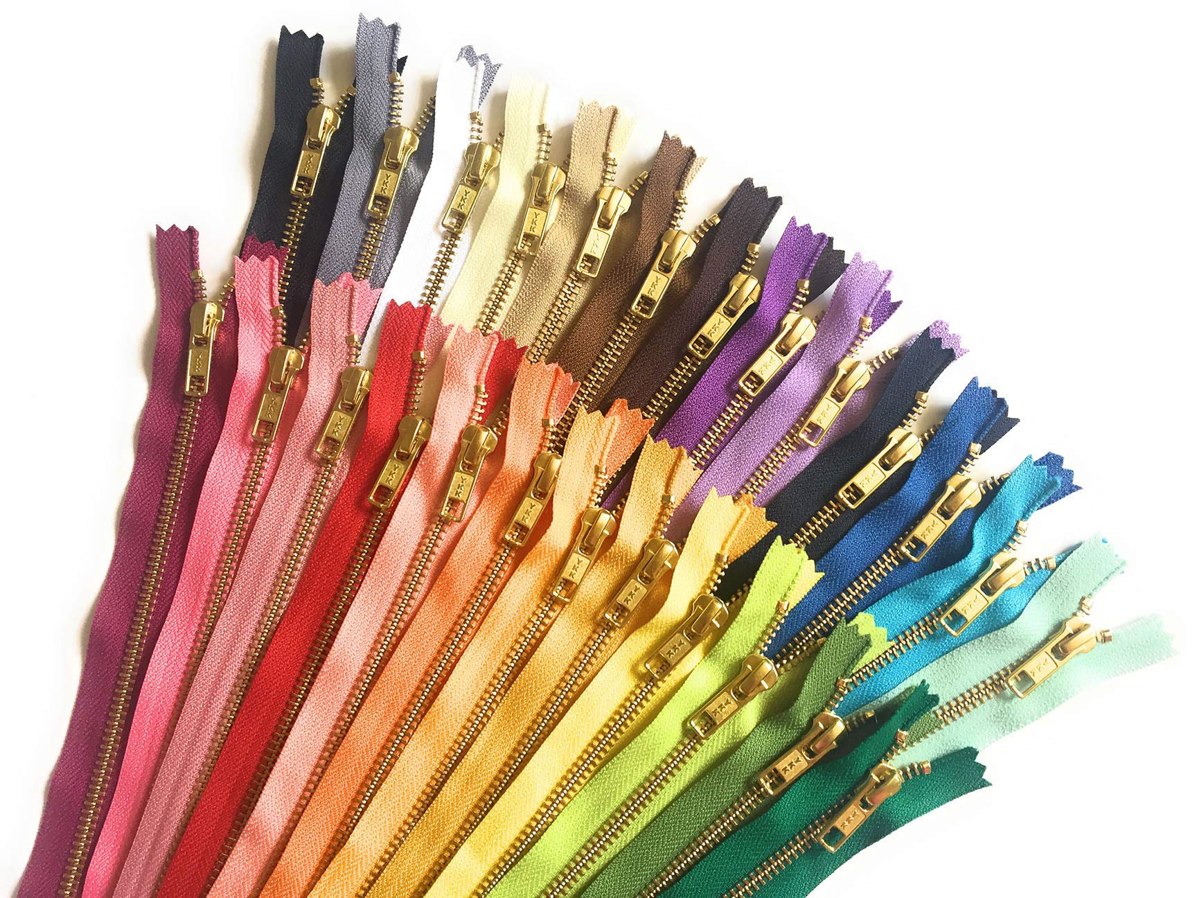 Gold Metal Zippers in 25 Mixed Colors YKK No. 5 Zippers for Bags Sewing Crafts