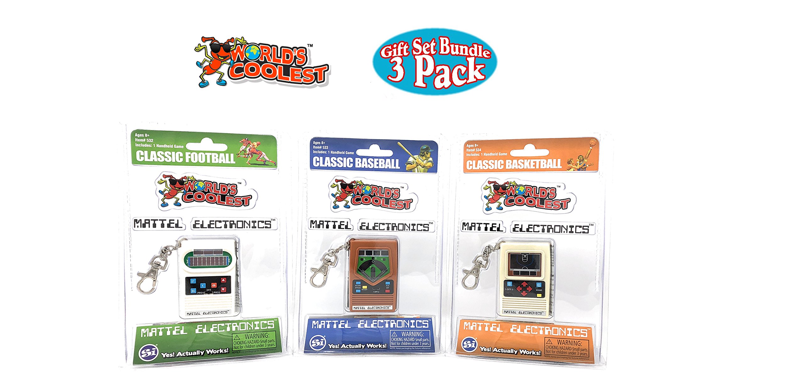 Mattel World's Coolest Electronics Keychain Handheld Games Set of 3 Classic Baseball - Football - Basketball