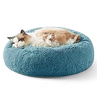 Bedsure Calming Cat Beds for Indoor Cats - Small Cat Bed Washable 20 inches, Anti-Slip Round Fluffy Plush Faux Fur Pet Bed, Fits up to 15 lbs Pets, Washed Blue