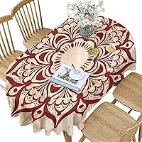 Henna Polyester Oval Tablecloth,Round Cultural Ornament Pattern Printed Washable Indoor Outdoor Table Cloth for Oval Table,60x84 Inch Oval,for Kitchen Dinning Tabletop