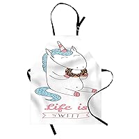 Lunarable Kawaii Apron, Life is Words in Banner Doughnut Eating Unicorn Cartoon Mythical Animal, Unisex Kitchen Bib with Adjustable Neck for Cooking Gardening, Adult Size, Pink Blue