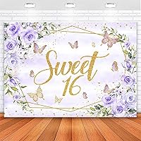 Avezano Sweet 16 Backdrop Purple Flower Butterfly Gold Dots Photography Background for Gorls Happy Birthday Sweet 16 Banner Cake Table Cake Dessert Table Decorations (Purple, 7x5ft)