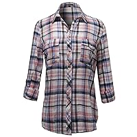 Women's Cotton Plaid Long Roll Up Sleeves Chest Pocket Button Closure Shirt