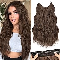 MORICA Invisible Wire Hair Extensions - 20 Inch Medium Brown Long Wavy Synthetic Hairpiece with Transparent Wire Adjustable Size, 4 Secure Clips for Women