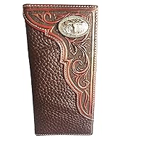 Men's leather bi-fold wallet Western concho wallets Praying cross Star State Map long Checkbook (Brown Longhorn Oval)