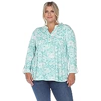 white mark Women's Plus Size Pleated Long Sleeve Floral Print Blouse