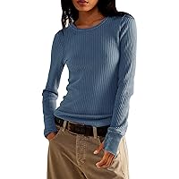 Women's Waffle Knit Tops Long Sleeve Shirts Casual Slim Fitted Crew Neck Pullover Shirts