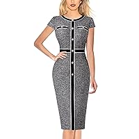 VFSHOW Womens Professional Work Business Office Interview Buttons Bodycon Dress Patchwork Colorblock Slim Pencil Sheath Dress