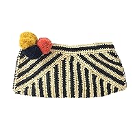 Sonia Pom Pom Crochet Raffia Clutch, Black Stripe