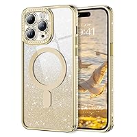 YINLAI Case for iPhone 14 Pro max,[Compatible with MagSafe] Magnetic Clear Glitter Slim Bling Diamond Rhinestone Sparkle Luxury Plating Women Girly Soft Shockproof Protective Phone Cover 6.7 Inch,Gold