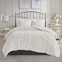 Tufted Chenille Cotton Comforter, All Season Bedding Set, Matching Shams, Viola, Damask Off White King/Cal King(104