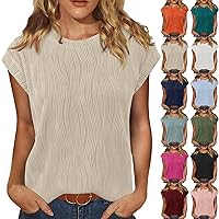 Women's Short Sleeve Dressy Tops 2024 Summer Going Out Tops Cute Crewneck Textured Cap Sleeve Trendy T Shirts