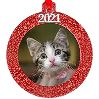 2021 Magnetic Glitter Christmas Photo Frame Ornament with Non Glare Photo Protector, Round - Red