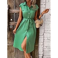 2023 Women's Dresses Solid Button Front Belted Shirt Dress Women's Dresses (Color : Green, Size : X-Large)