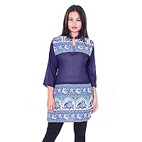 Women's Cotton Top Indian Animal Print Tunic Wedding Party Wear Kurti Blue Color Plus Size