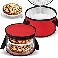 2 Sets Round Pie Carrier 11 x 7 Inch with Dish Tray Plate Stacker Insulated Casserole Carrier with Lid and Handle Reusable Cooler Thermal Bags for Cold Food for Potluck Picnic (Red)
