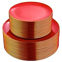 PULOTE 100PCS Red Plastic Plates - Heavy Duty Red Plates Disposable - Red Disposable Plates Include 50PCS Red Dinner Plates 10.25inch,50PCS Red Dessert Plates 7.5inch for Party&Mothers Day
