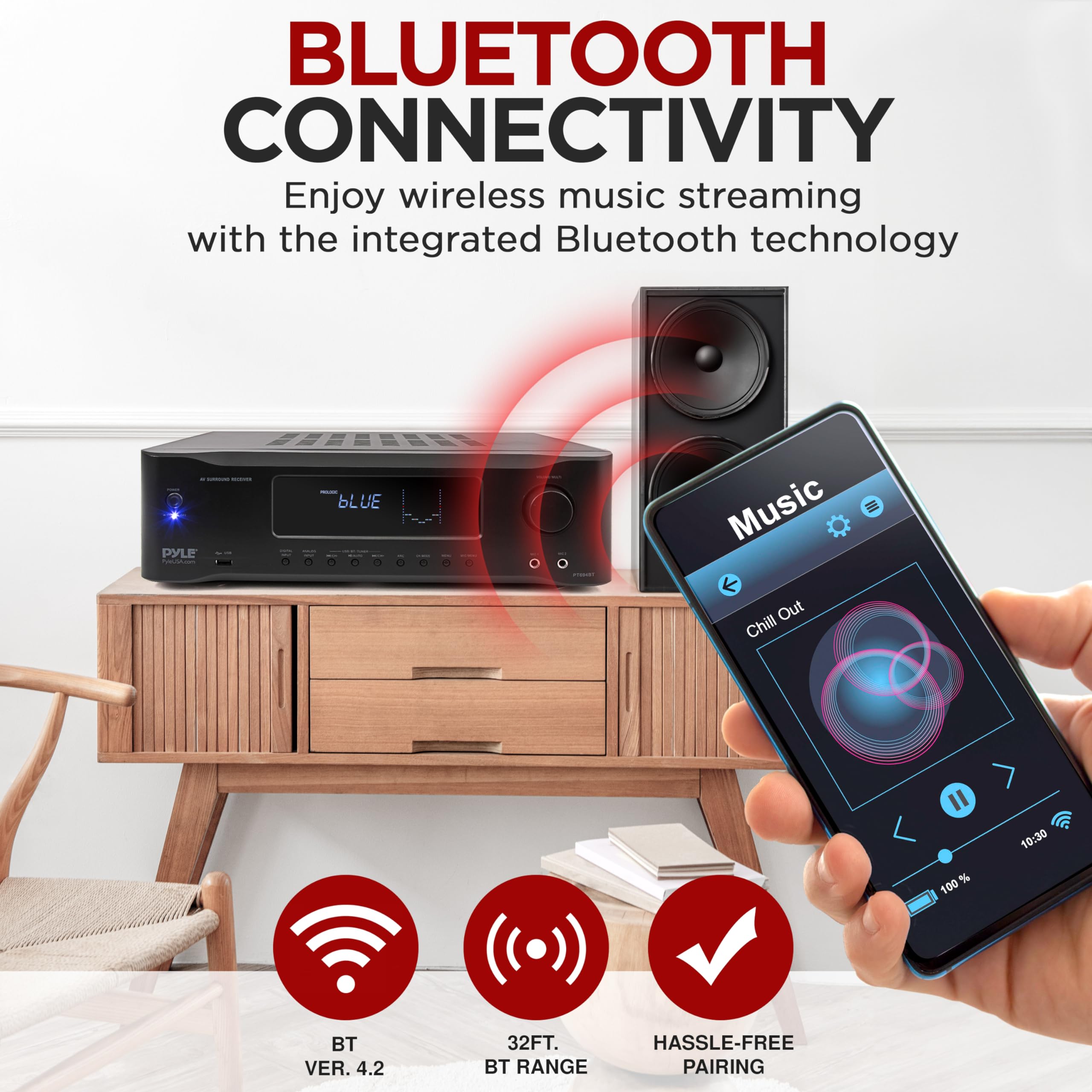 5.2-Channel Hi-Fi Bluetooth Stereo Amplifier - 1000 Watt AV Home Speaker Subwoofer Sound Receiver w/Radio, USB, RCA, HDMI, MIC in, Wireless Streaming, Supports 4K UHD TV, 3D, Blu-Ray - Pyle PT694BT.6