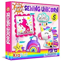 KRAFUN My First Unicorn Kids Sewing kit, Beginner Arts & Crafts, Make 5 Cute Projects with Plush Stuffed Animal, Pillow, Mobile, Keyring and Bag, Instructions & Felt for Learn Sewing, Embroidery