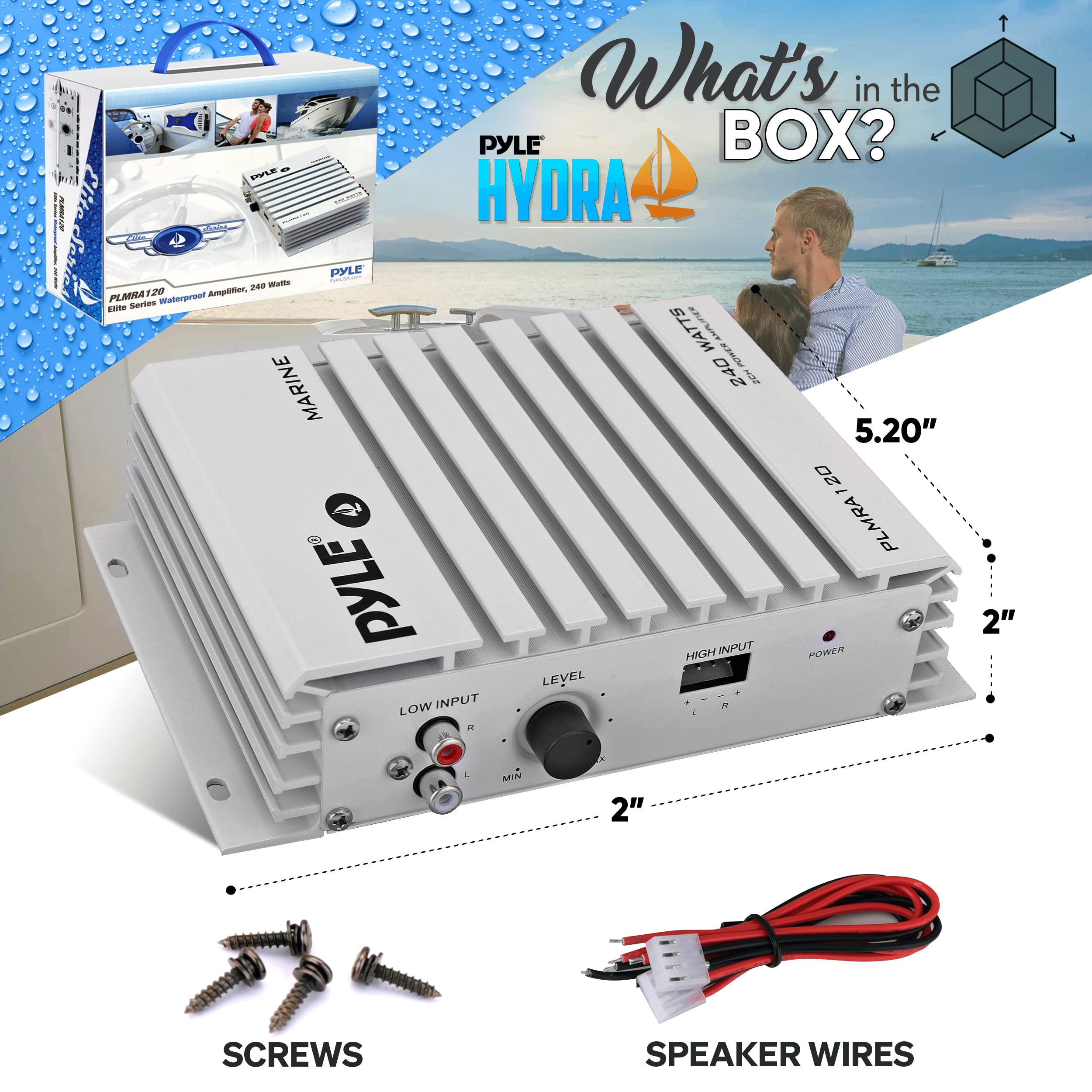 Pyle Hydra Marine Amplifier - Upgraded Elite Series 240 Watt 4 Channel Audio Amplifier - Waterproof, 4-8 Ohm Impendance, GAIN Level Controls, RCA Stereo Input & LED Indicator (PLMRA120)
